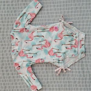 0-3m Ruffle Butts Vibrant Flamingo Long Sleeve One Piece Rash Guard
